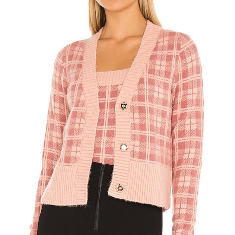 525 Pink plaid cardigan Small